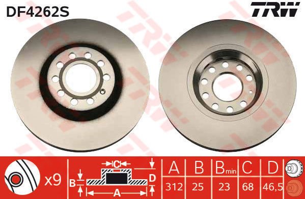 ÖN FREN AYNASI PASSAT 1.6-1.9TDI-2.0-1.8T 00/5.05 A4 01 A6 97SUPERB 02 EXEO 09 312x25x10DLxHAVALI x-TRW DF4262S-4B0615301A-4B0615301C-8E0615301R