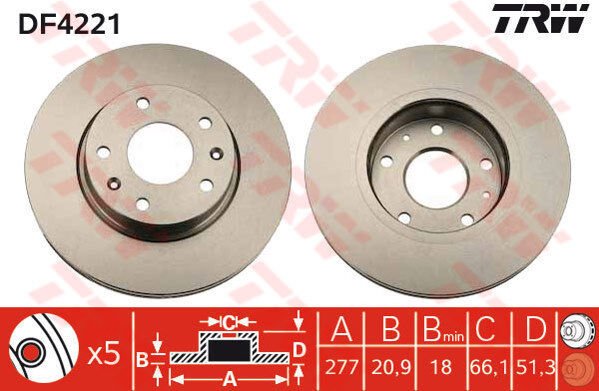ÖN FREN AYNASI FREELANDER 2.0 TD4-1.8 16V-2.5 V6 1998-2006 277x20.9x5DLxHAVALI-TRW DF4221-SDB101070-SDB000080