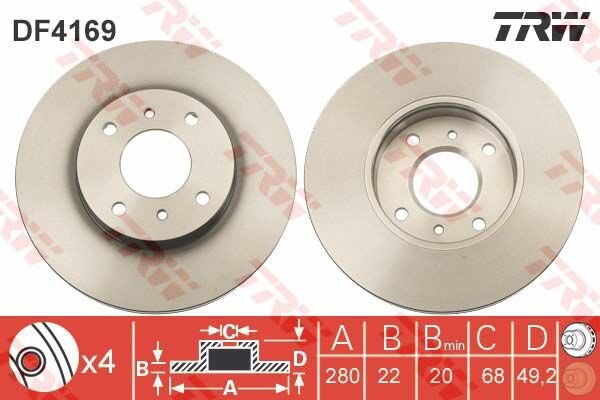 ÖN FREN AYNASI NISSAN ALMERA 00 02 PRIMERA 96 02 2.0ie 16V 280x7.7x 4 DELİK HAVALI-TRW DF4169-402062F501-4020673L01-402062F500