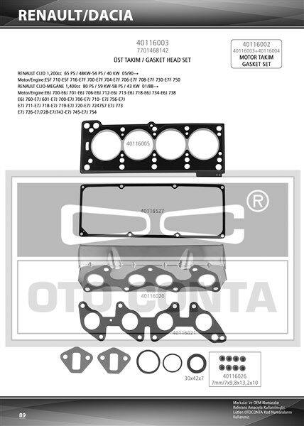 ÜST TAKIM CONTASI R19-CLIO 1.4 ENJ. KEÇELİ SUBAP LASTİKLİ SKC STD-OTOCONTA 40116003-7701466343