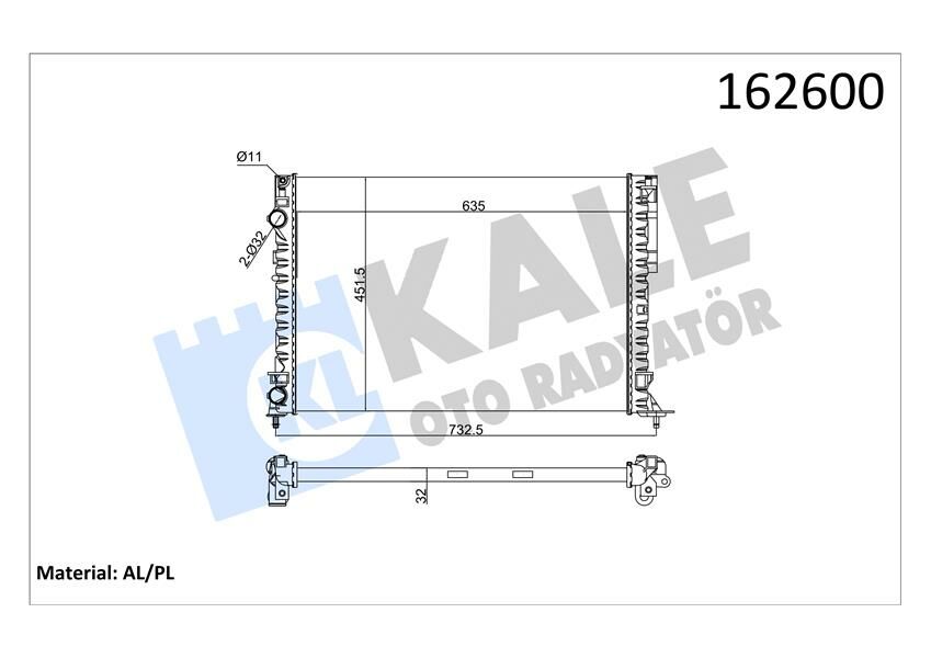RADYATÖR LGN 97-01 -ESPACE III 99-02 1.6-1.8-2.0-1.9D KLİMASIZ MEK 635x425x18 2 SIRA AL PL-KALE 0550502AL-7701045345-7701045410-7701049754
