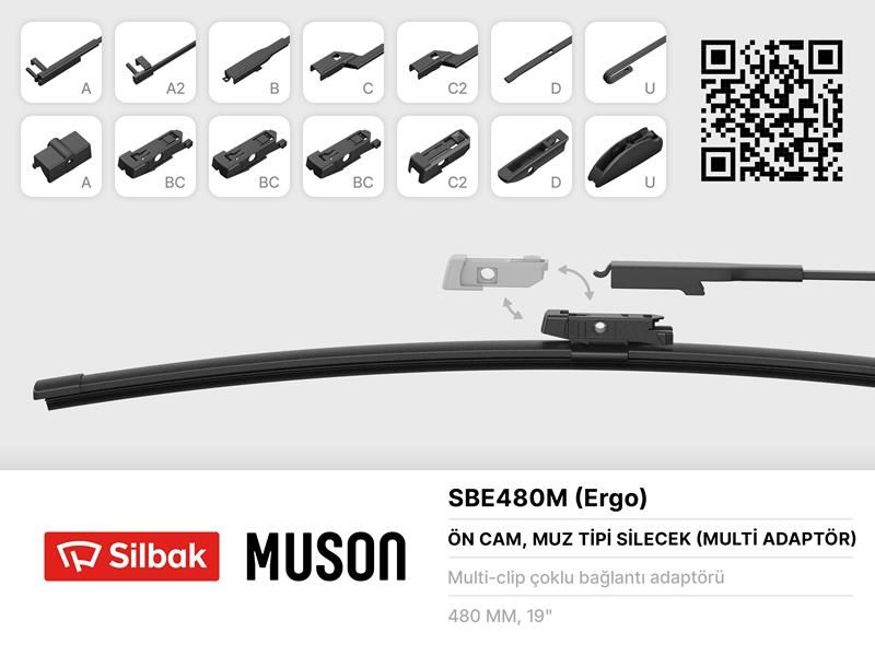 SİLECEK SÜPÜRGESİ MUZ TİPİ 480mm A. BC.C2.D VE U TİPİ KOLLAR ICIN MULTİ ADAPTORLÜ-SILBAK SBE480M