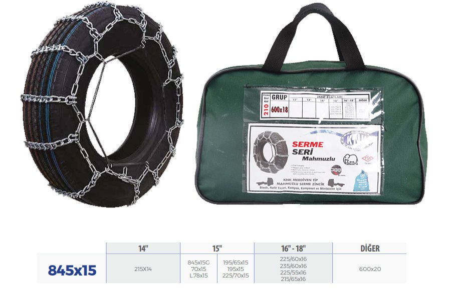 PATİNAJ ZİNCİRİ MİNİBÜS VE KAMYONET SERME 215x65x16 TRANSPORTER ZİNCİR EBATLARI İÇİN RESİME BAKINIZ-KNK3 845X15