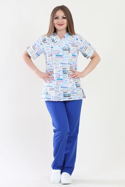 V Yaka Nurses Desenli Medikal Takım Hemşire Üniforma