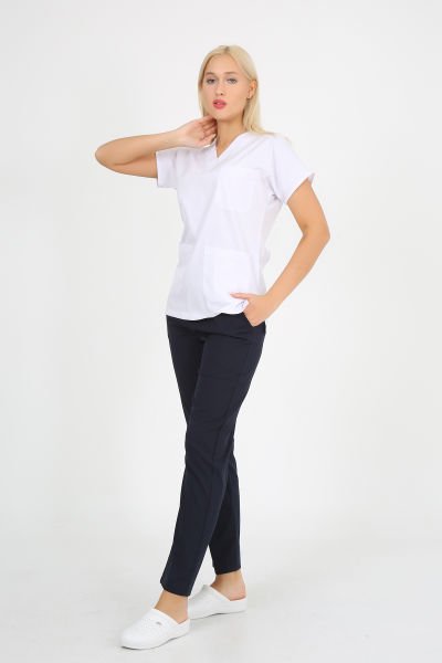 Likralı V Yaka Beyaz Ceket Lacivert Pantolon Cerrahi Forma