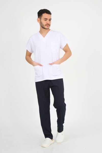 Likralı V Yaka Beyaz Ceket Lacivert Pantolon Cerrahi Forma