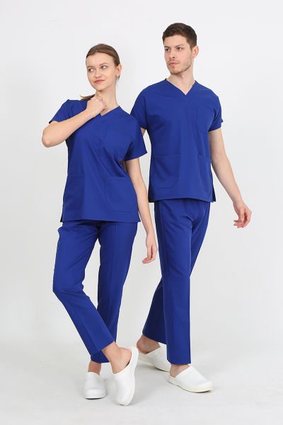 Premium Likralı Saks Mavi Cerrahi Takım Hemşire Doktor Forma Takım