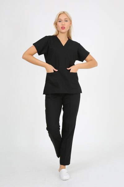 Premium Likralı Siyah Cerrahi Takım Hemşire Doktor Forma Takım