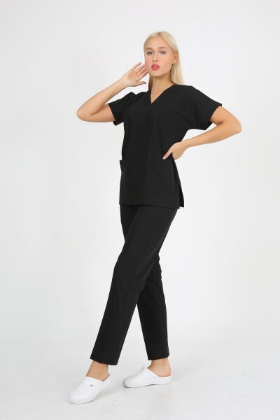 Premium Likralı Siyah Cerrahi Takım Hemşire Doktor Forma Takım