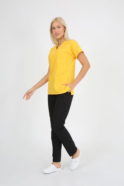 Premium Likralı Üst Sarı Siyah Pantolon Cerrahi Takım Hemşire Doktor Forma Takım