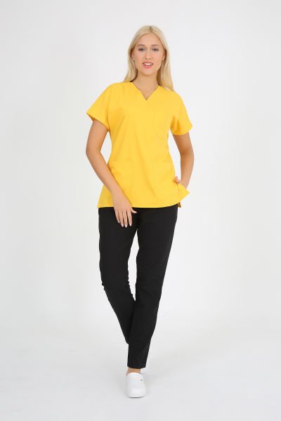 Premium Likralı Üst Sarı Siyah Pantolon Cerrahi Takım Hemşire Doktor Forma Takım
