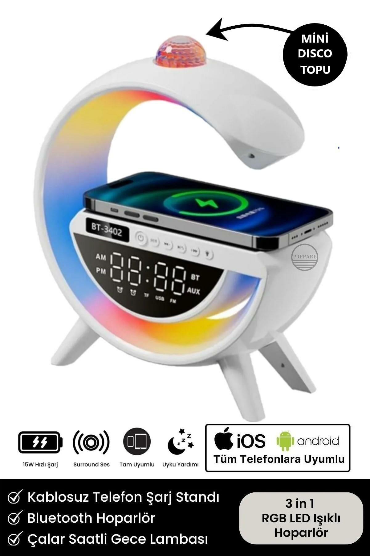 Led Işıklı Bluetooth Hoparlör Kablosuz Şarj Radyo Müzik Çalar Saatli Telefon Standı +Mini Disco Topu