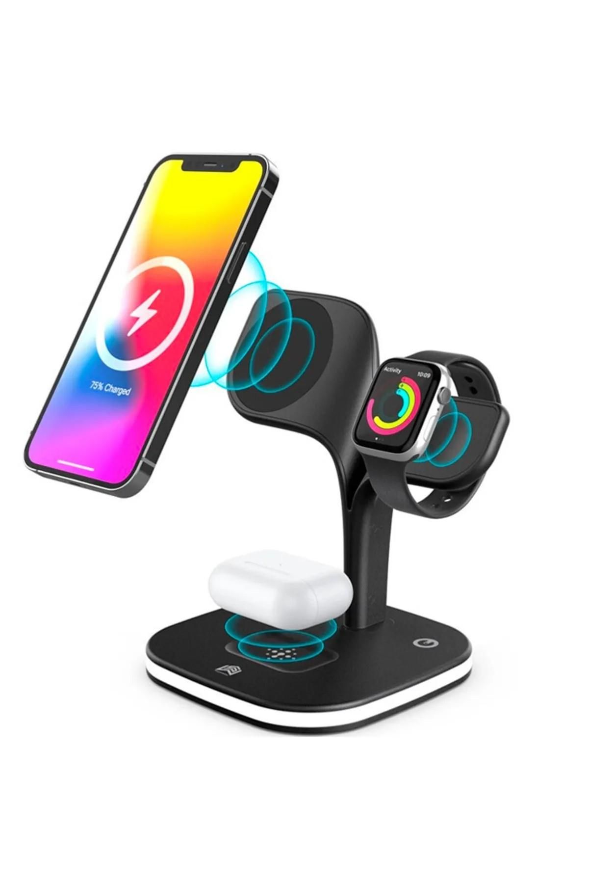 5 in 1 Magsafe Hızlı Şarj İstasyonu Kablosuz + 1 USB Iphone Airpods Watch Uyumlu 15W + Gece Lambalı