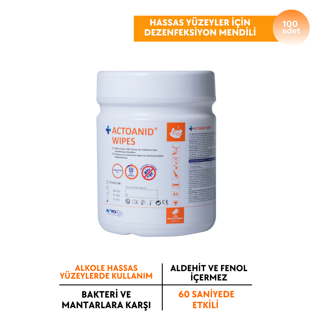 ACTOANID® WIPES 100 pcs Hassas Yüzeyler için Dezenfeksiyon Mendili