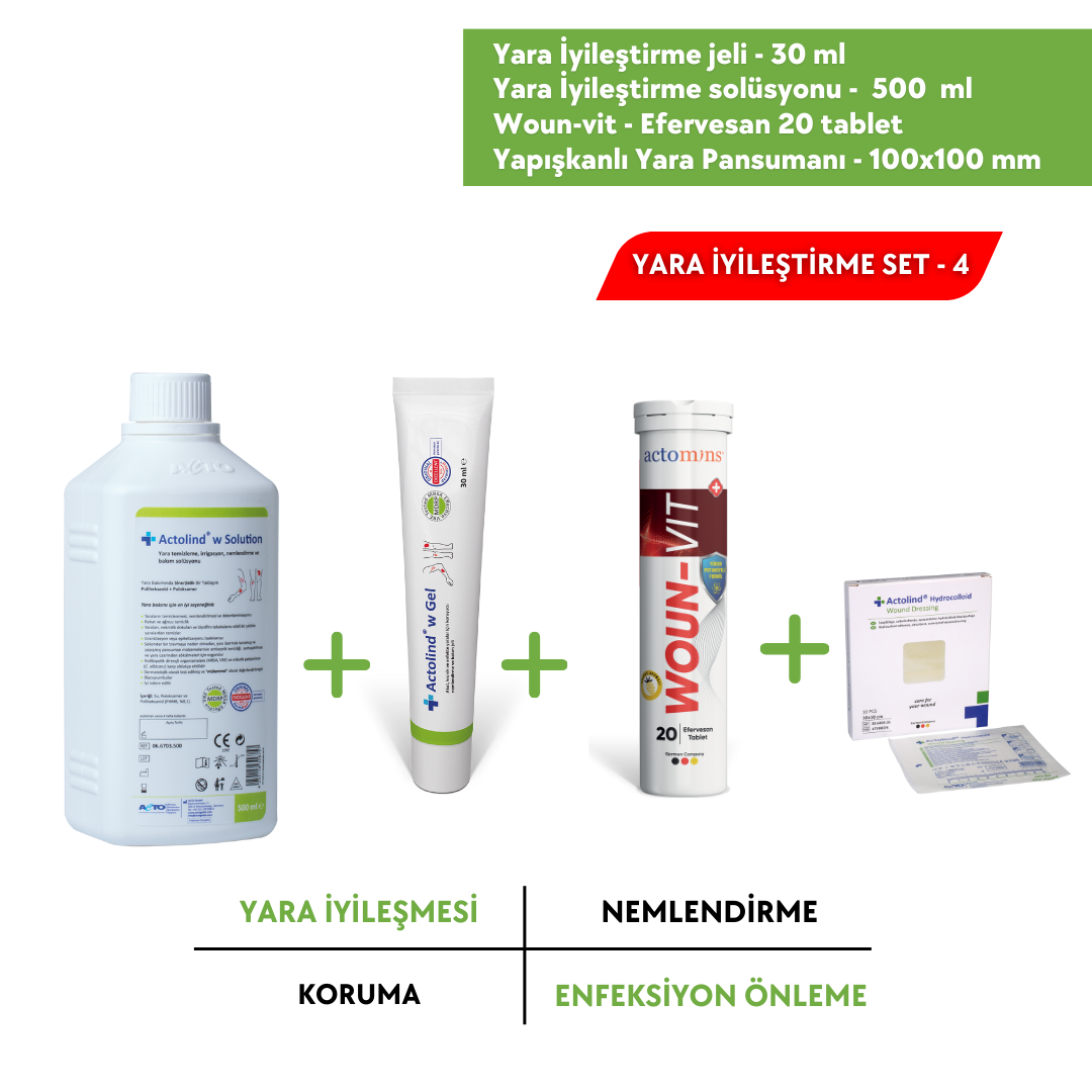 ACTOLIND® 30 ml Yara İyileştirme Jeli + 500 ml Yara İyileştirme Solüsyonu + Actomins Woun-Vit + Hydrocolloid Plus 100x100 mm 4lü Set