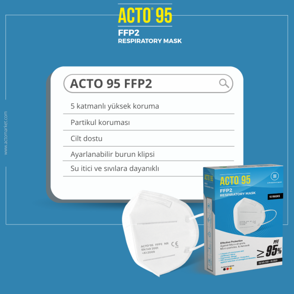 ACTO® 95 FFP2 / N95 Respiratory Mask | 5 Katlı Solunum Maskesi 10 Adet