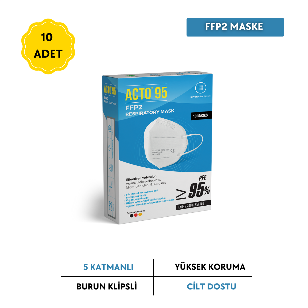 ACTO® 95 FFP2 / N95 Respiratory Mask | 5 Katlı Solunum Maskesi 10 Adet