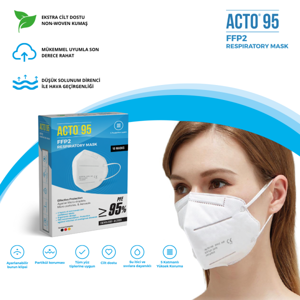 ACTO® 95 FFP2 / N95 Respiratory Mask | 5 Katlı Solunum Maskesi 10 Adet