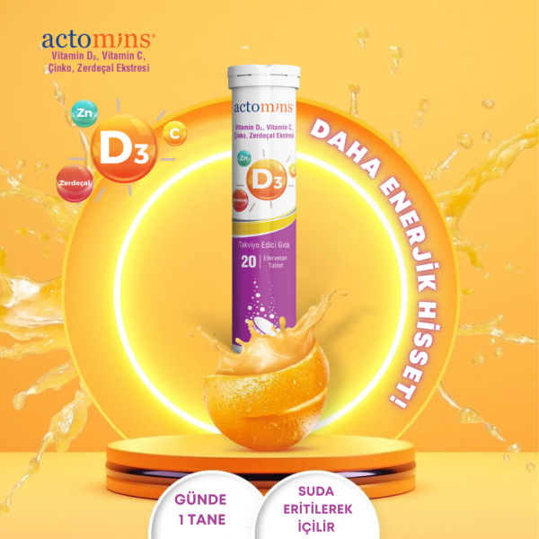 ACTOMINS® Vitamin D3, Vitamin C, Çinko, Zerdeçal Ekstresi | 20 Efervesan Tablet