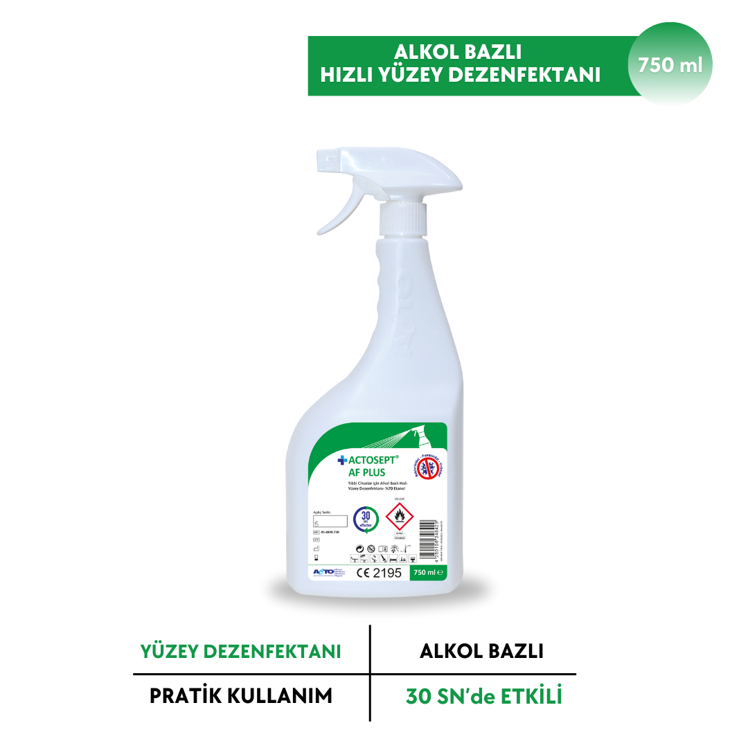 ACTOSEPT® AF PLUS 750 ml | Tıbbi Cihazlar için Alkol Bazlı Hızlı Yüzey Dezenfektanı- %70 Etanol