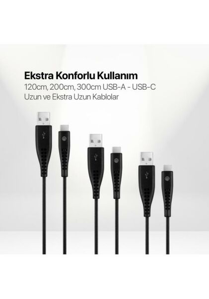 Mojue Usb-C 3’lü Şarj Kablosuz Seti Ekstra Dayanıklı Usb-A Usb-C 2A (Mojue By Ttec)  120/200/300CM