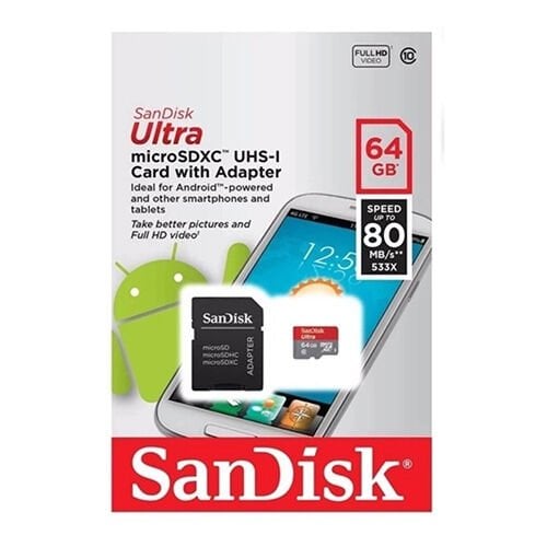SanDisk Ultra 64GB 80MB/S Class10 microSDXC Hafıza Kartı + Adaptör SDSQUNC-064G-GN6MA