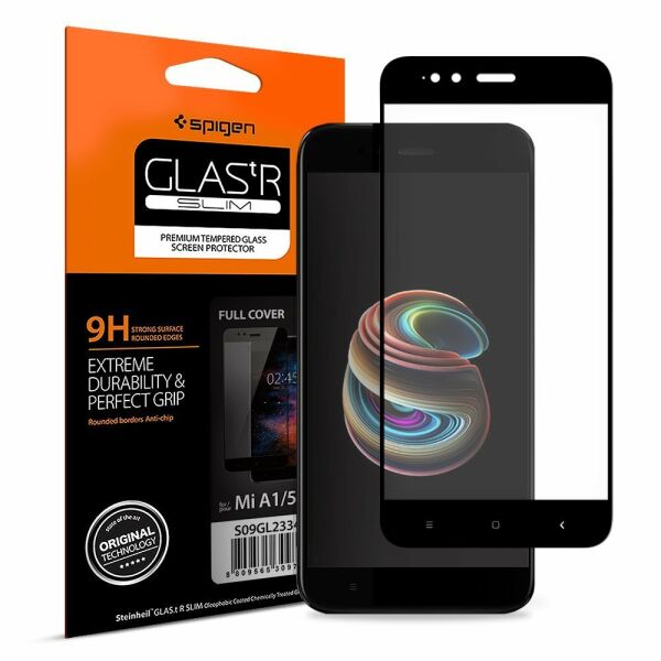 Spigen Mi A1 / Mi 5X ile Uyumlu Cam Ekran Koruyucu Full Cover Glass Black