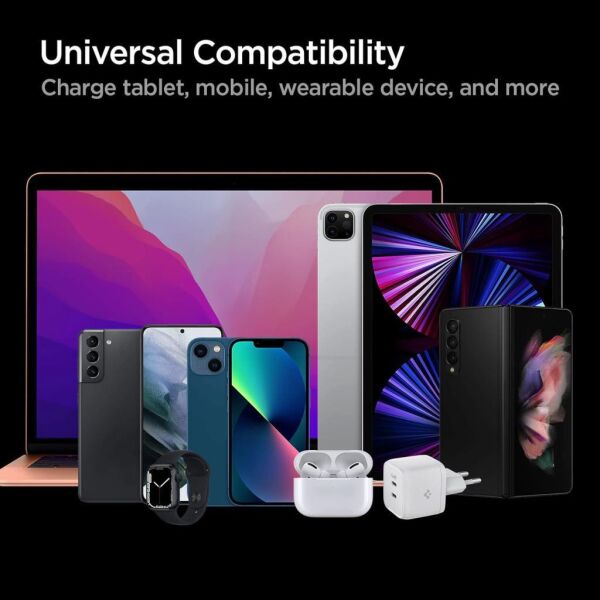 Spigen Powerarc Arcstation 35W Hızlı Şarj Cihazı 2 Port Gallium Nitride (Gan) Usb-C Pd 3.0 30W / Pps 30W (Samsung Hızlı Şarj Destekli) iPhone / Android Şarj Adaptörü PE2104 White