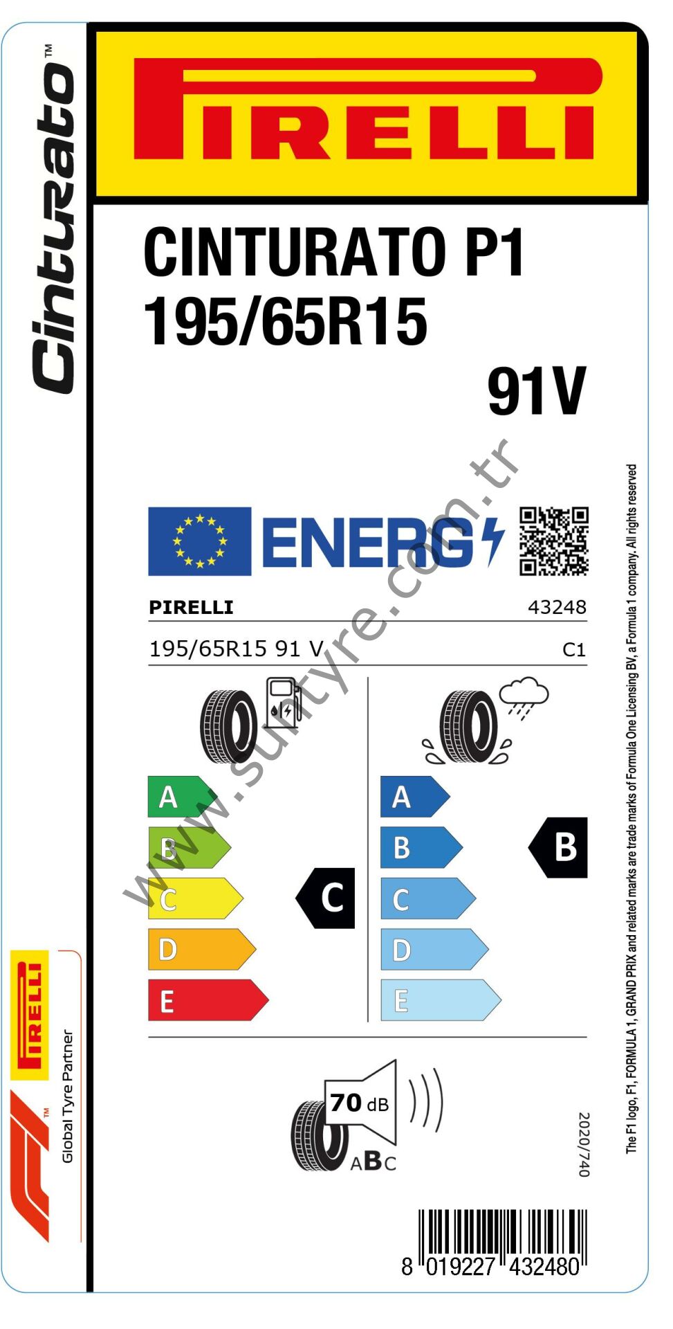 Pirelli 195/65R15 91V Cınturato P1 C-B-70 Oto Yaz Lastiği (Üretim Yılı: 2024)