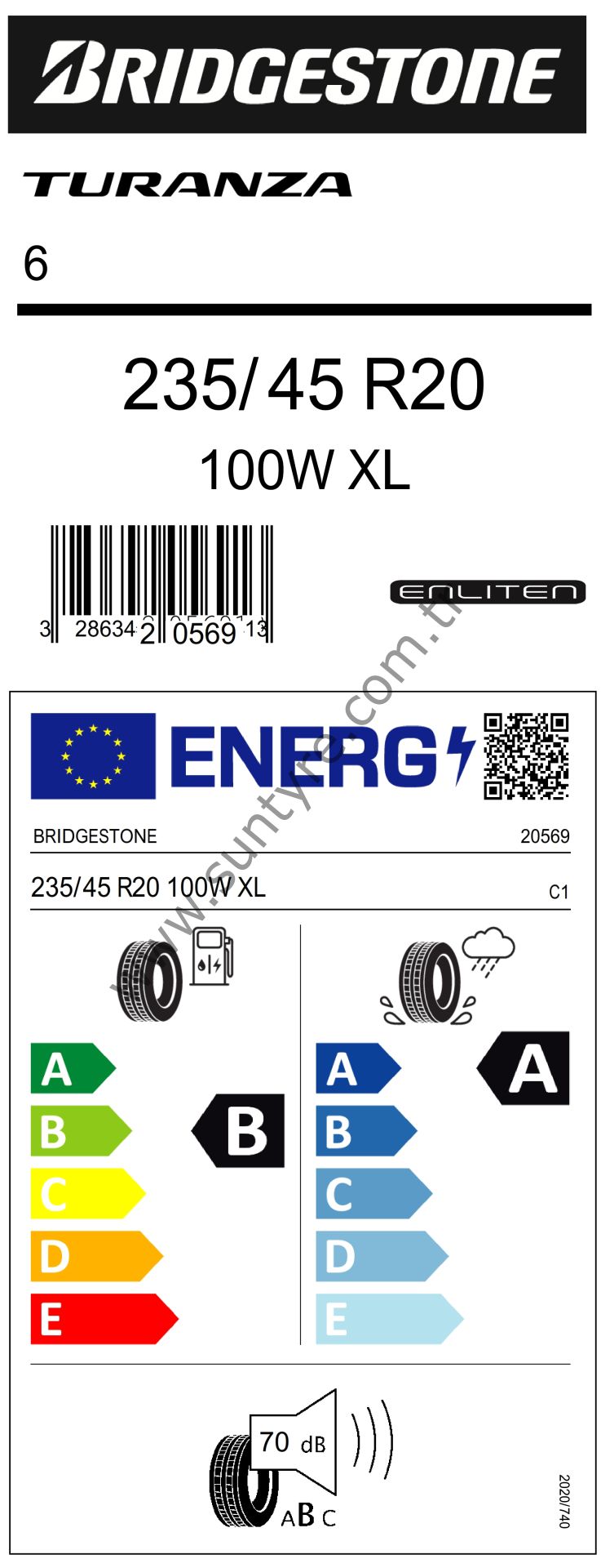 Bridgestone 235/45R20 100W Xl Tl Turanza 6 B-A-70 Enlıten Bridgestone Lastiği (Üretim Yılı: 2024)