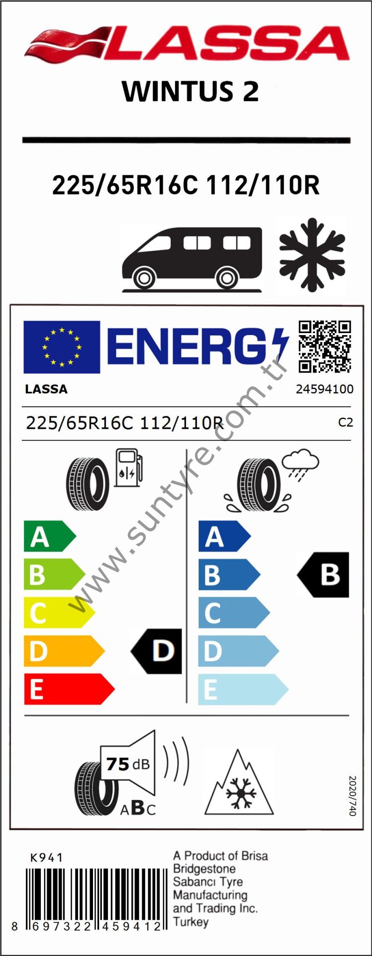 Lassa 225/65R16 C 112/11R Wintus 2 M+S D-B-75 Kış Hafif Ticari Lastiği (Üretim Yılı: 2024)
