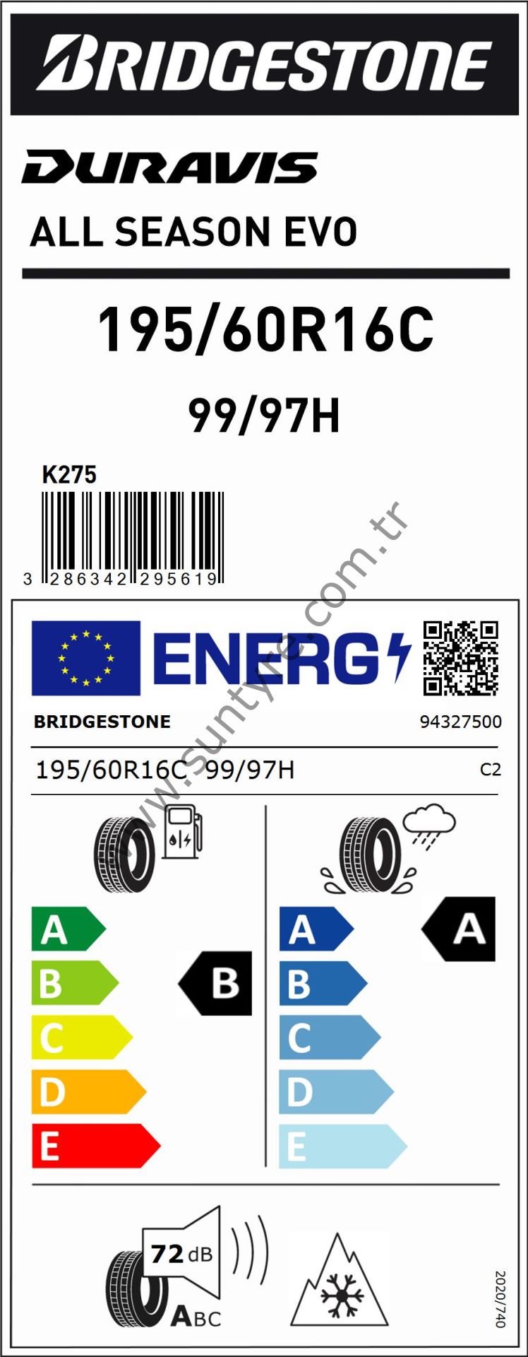 Bridgestone 195/60R16 C 99/97H Duravıs A/S Evo B-A-72 4 Mevsim Hafif Ticari Lastiği (Üretim Yılı: 2025)