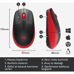 LOGITECH M191 KABLOSUZ 1000 DPI KIRMIZI MOUSE 910-005910