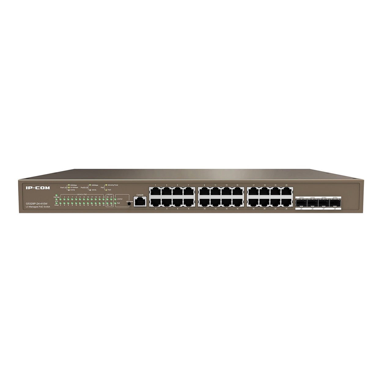 IP-COM IP-G5328P-24-410W 24 PORT 10/100/1000 24 PORT POE 4 X SFP 370W LAYER 3 YÖNETİLEBİLİR RACK MOUNT SWITCH