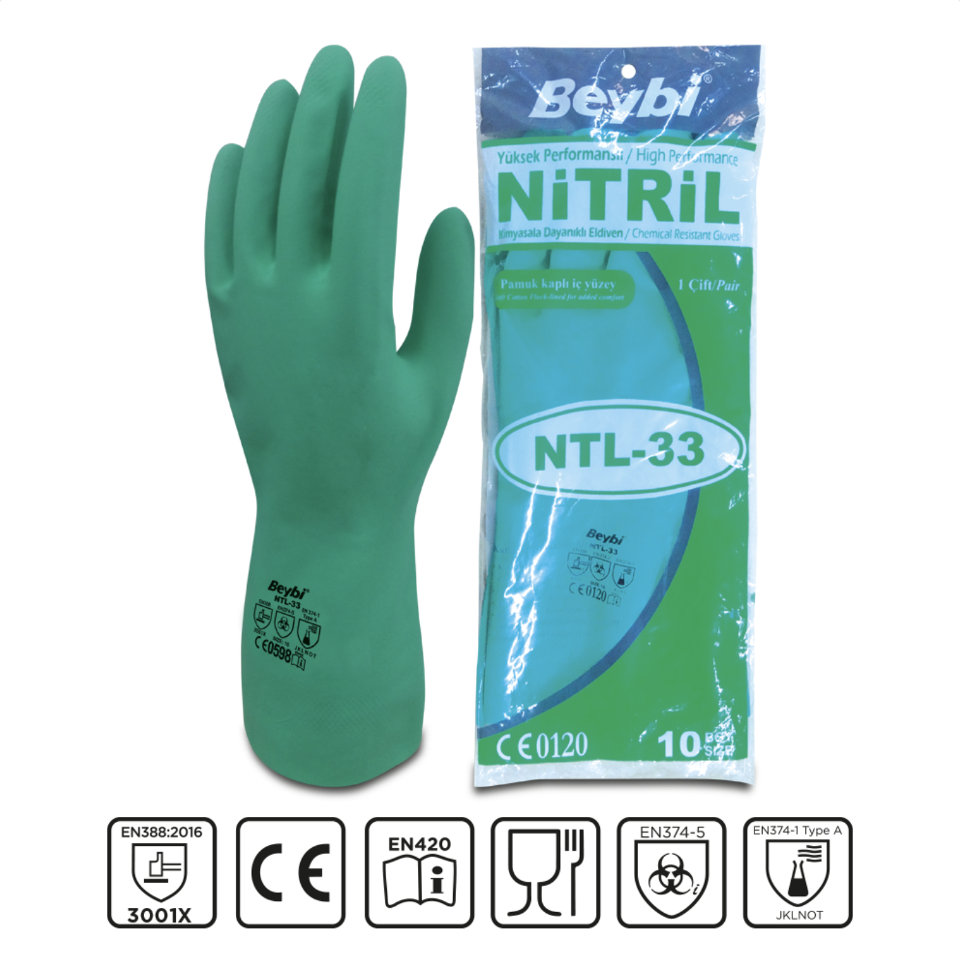 Beybi NTL33 Nitril Yeşil Asit Eldiveni