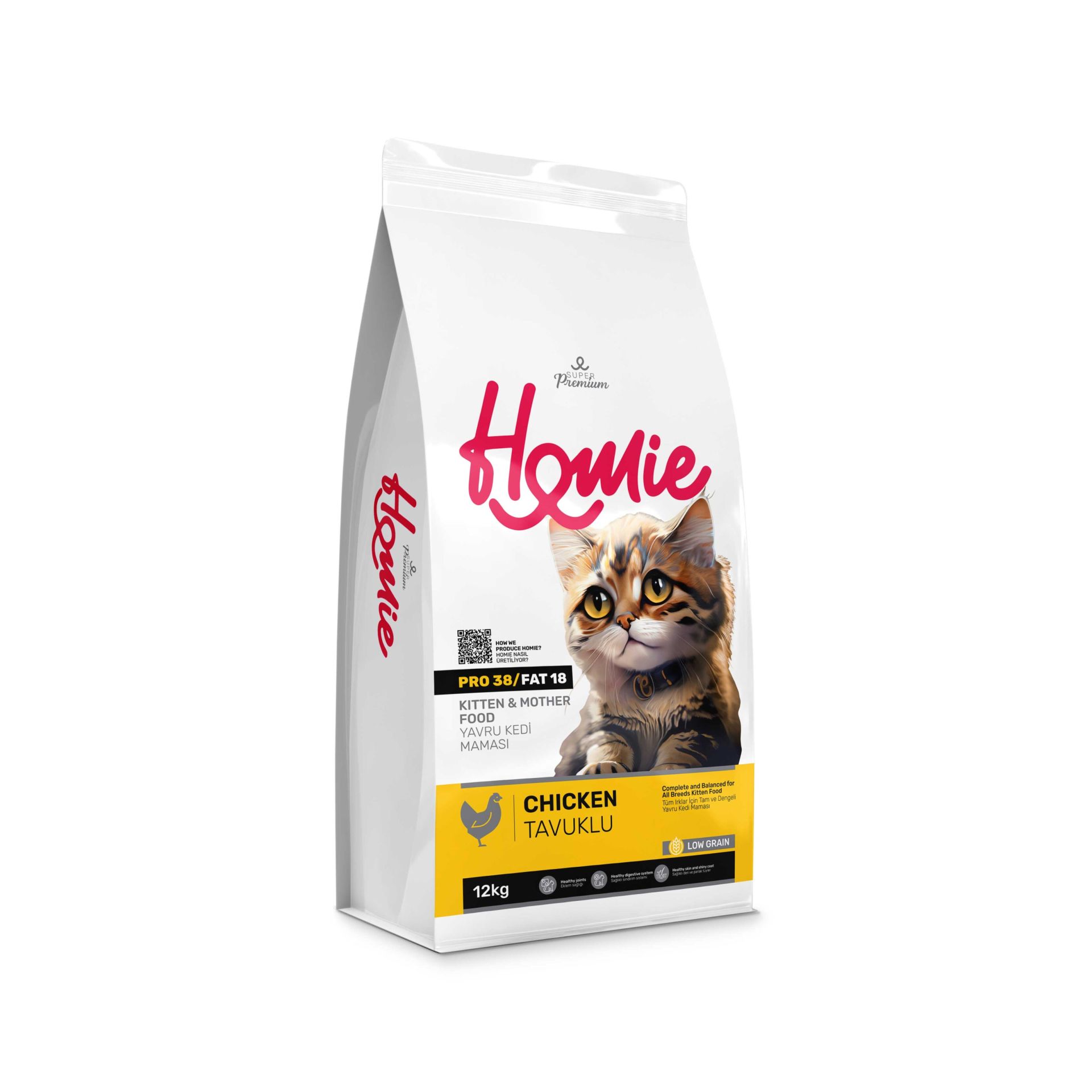 Homie Super Premium Düşük Tahıllı Anne & Yavru Tavuk Etli Yavru Kedi Maması 12 kg