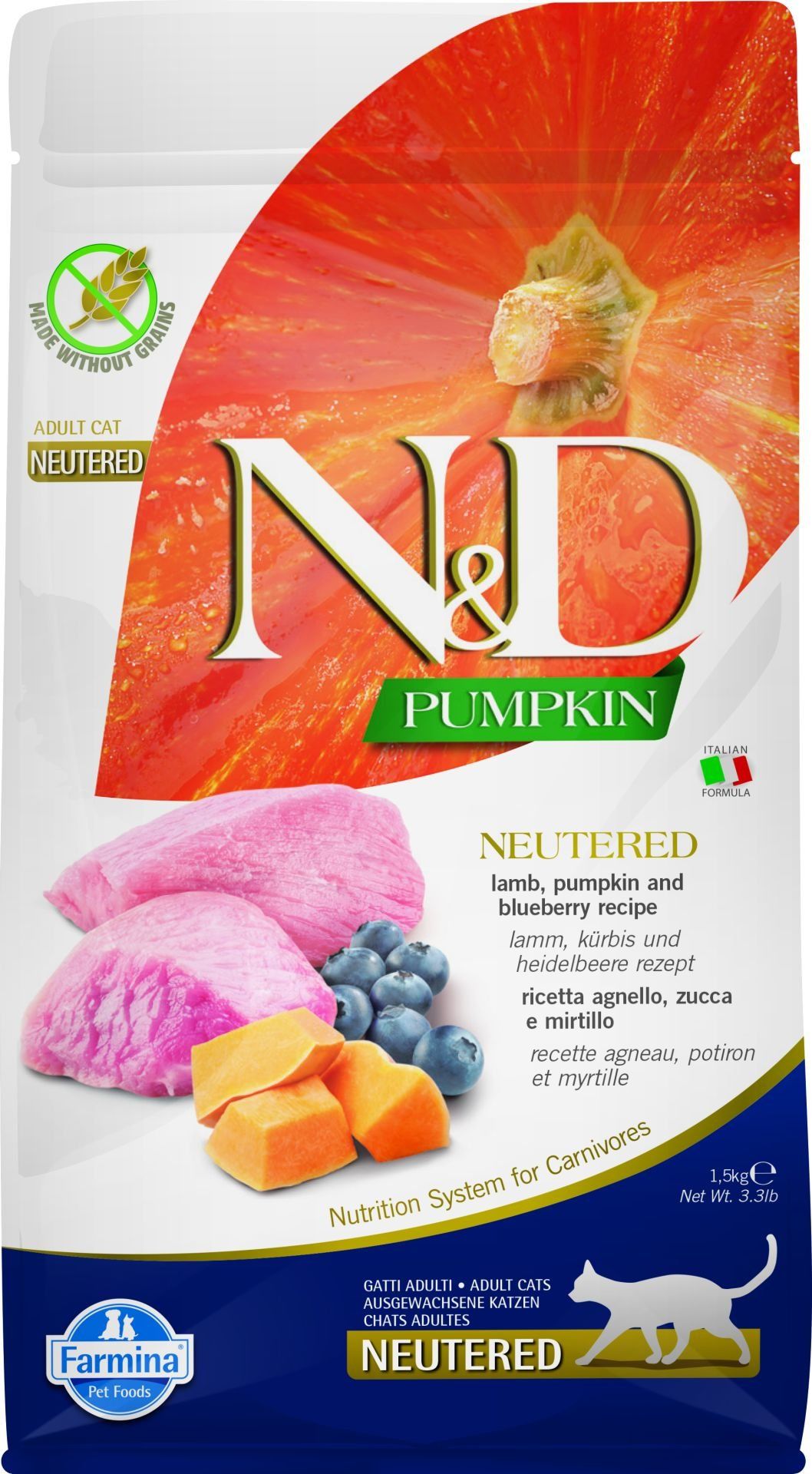 N&D Kuzu Etli Bal Kabaklı ve Yaban Mersinli Tahılsız Kısırlaştırılmış Kedi Maması 1,5kg