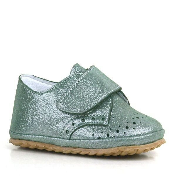 Hakiki Deri Yeşil Simli Cırtlı Bebek Patik Ayakkabı