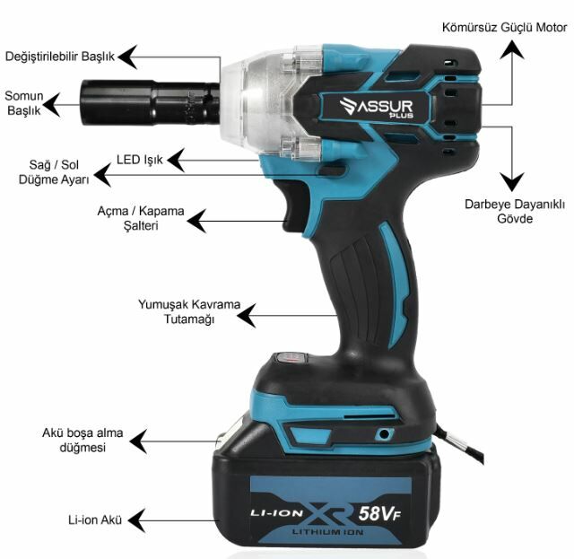 Assur Şarjlı Somun Bijon Sıkma Sökme Makinesi Kömürsüz Motor Setli