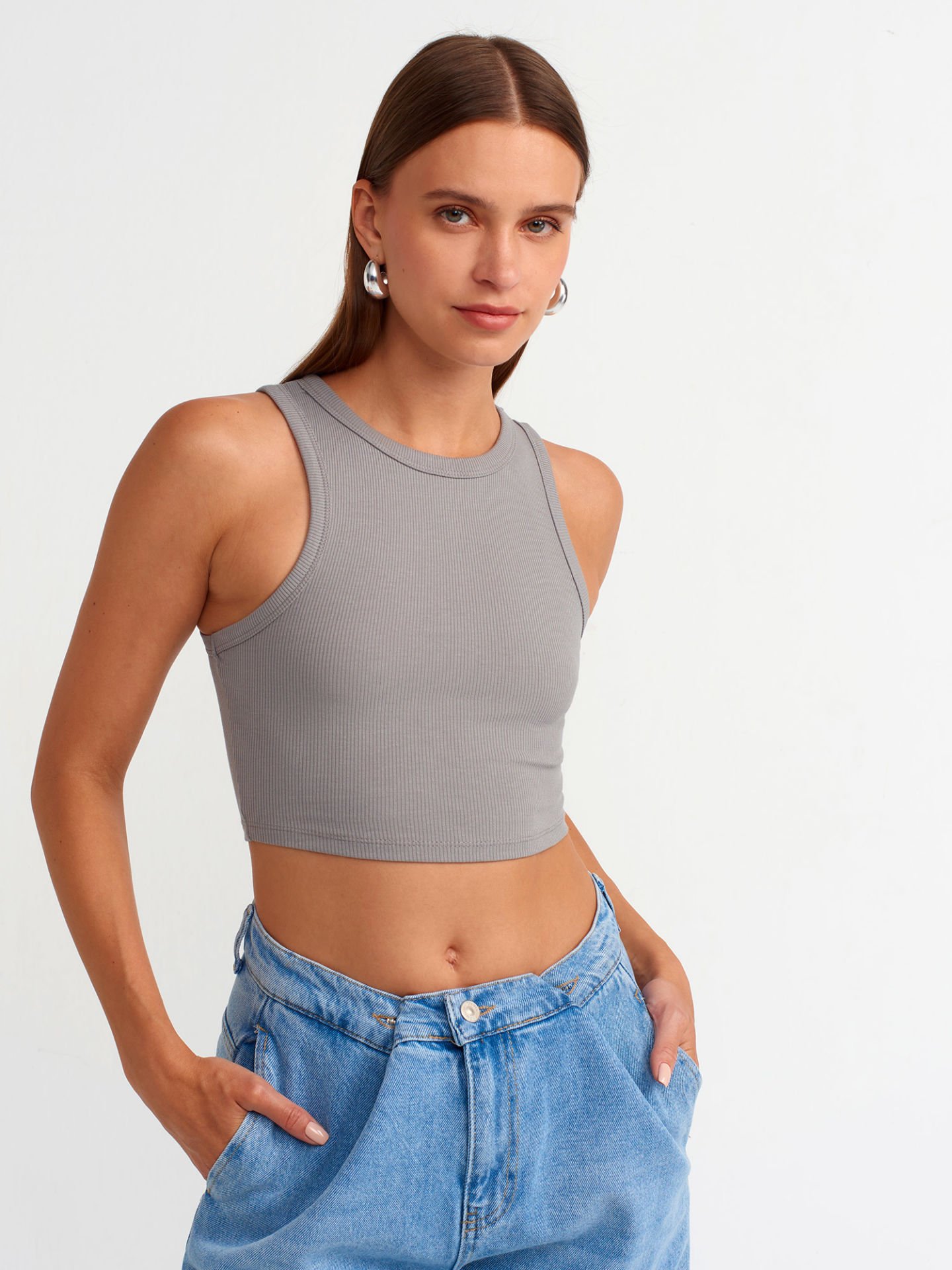 Dilvin 20820 Dikiş Efektli Crop Top-Gri
