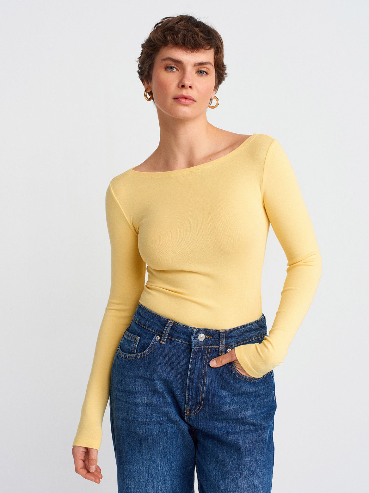 Dilvin 31332 Kayık Yaka Uzun Kollu Top Body-Sarı
