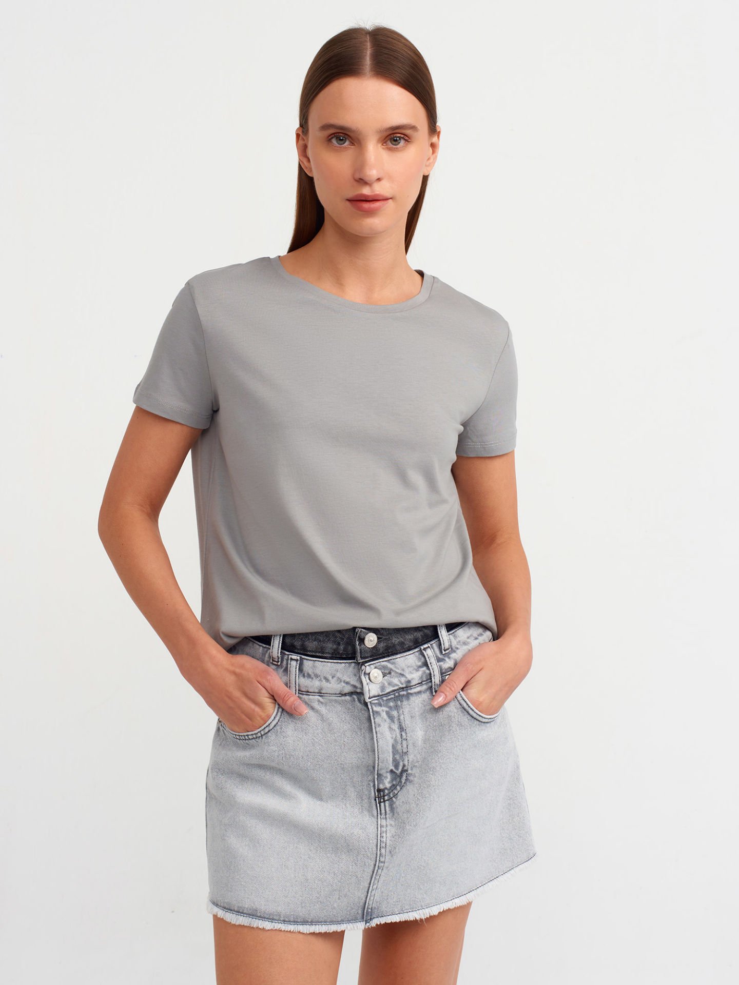 Dilvin 3471 Bisiklet Yaka Basic T-Shirt-Gri