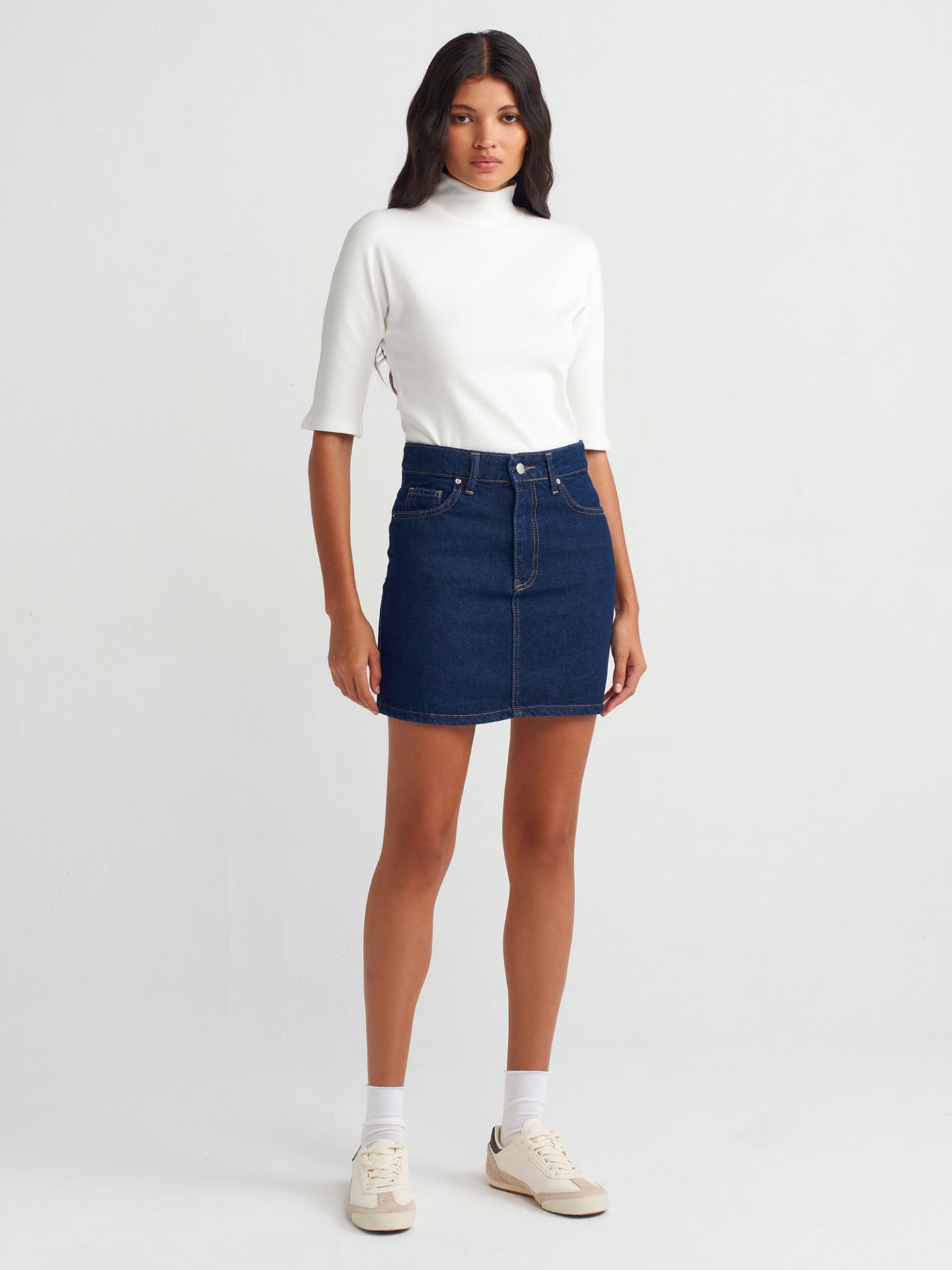 Dilvin 80570 Yıkamalı Denim Mini Etek-Lacivert