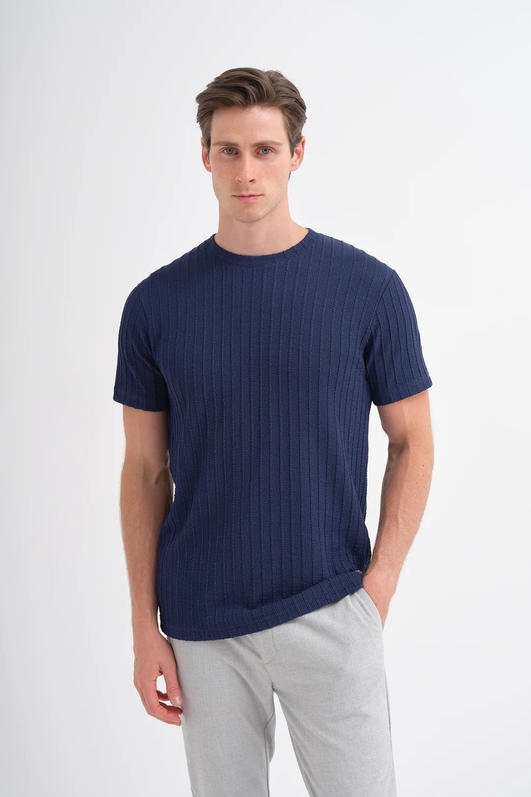 Caz 4051 Bisiklet Yaka Kendinden Dokulu Erkek T-Shirt Laci