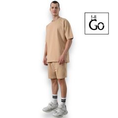İki İplik Basic Erkek Oversize T-Shirt Bej