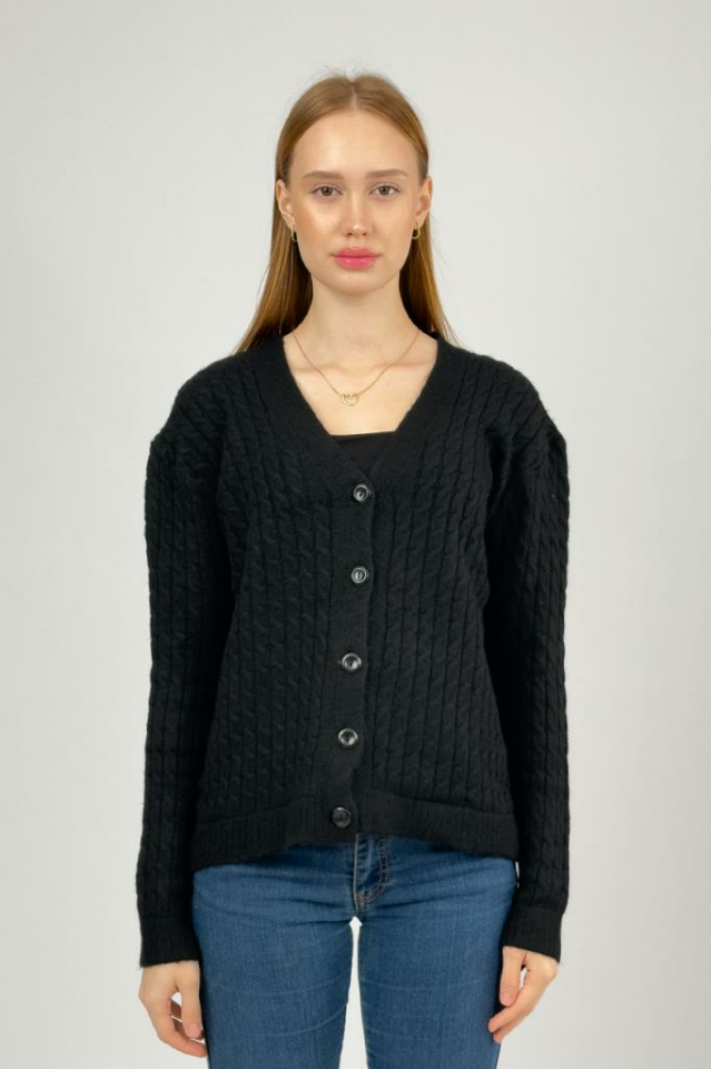 Kadın V Yaka Örme Triko Önden Düğmeli Kısa Hırka Siyah - STD