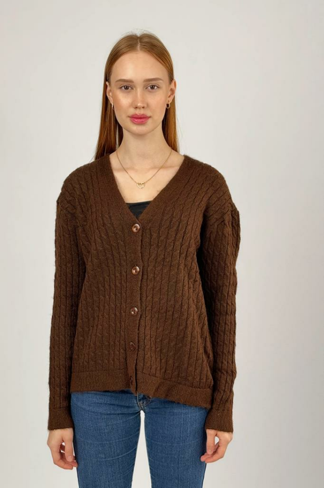 Kadın V Yaka Örme Triko Önden Düğmeli Kısa Hırka Kahve - STD