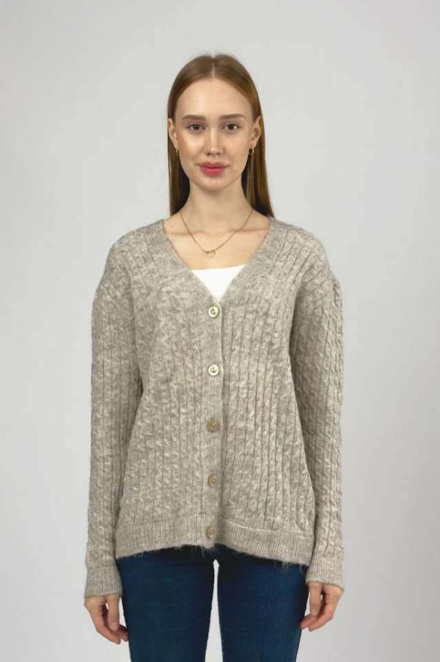 Kadın V Yaka Örme Triko Önden Düğmeli Kısa Hırka Taş - STD