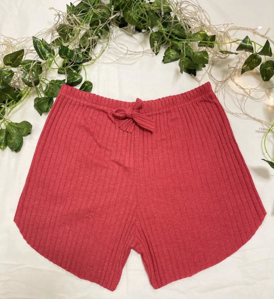 %100 Pamuk Kadın Fitilli Çizgili İnce Şort MF.Kırmızı - XL