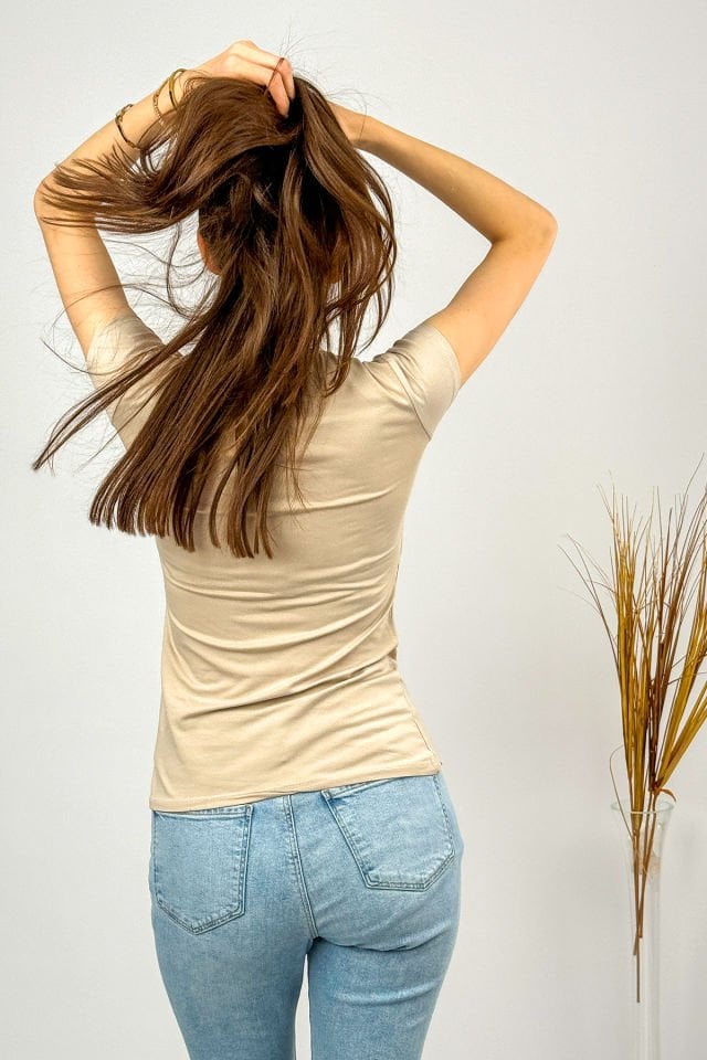 Kadın Kısa Kollu Bisiklet Yaka Body BEJ - 2XL/3XL